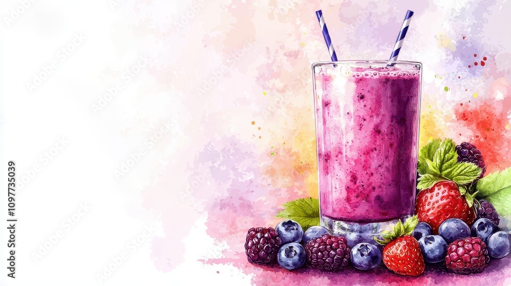 A vibrant smoothie made with berries, served in a glass with striped straws, surrounded by fresh fruits and splashes of watercolor. A vibrant smoothie made with berries, served in a glass with striped straws, surrounded by fresh fruits and splashes of watercolor.