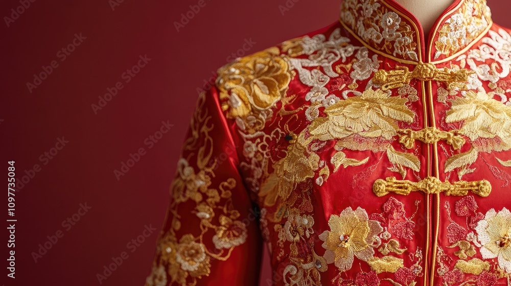 Elegant Red Traditional Dress with Intricate Gold Embroidery Displayed on a Mannequin Against a Rich Textured Background for Cultural Celebration and Fashion Photography Elegant Red Traditional Dress with Intricate Gold Embroidery Displayed on a Mannequin Against a Rich Textured Background for Cultural Celebration and Fashion Photography