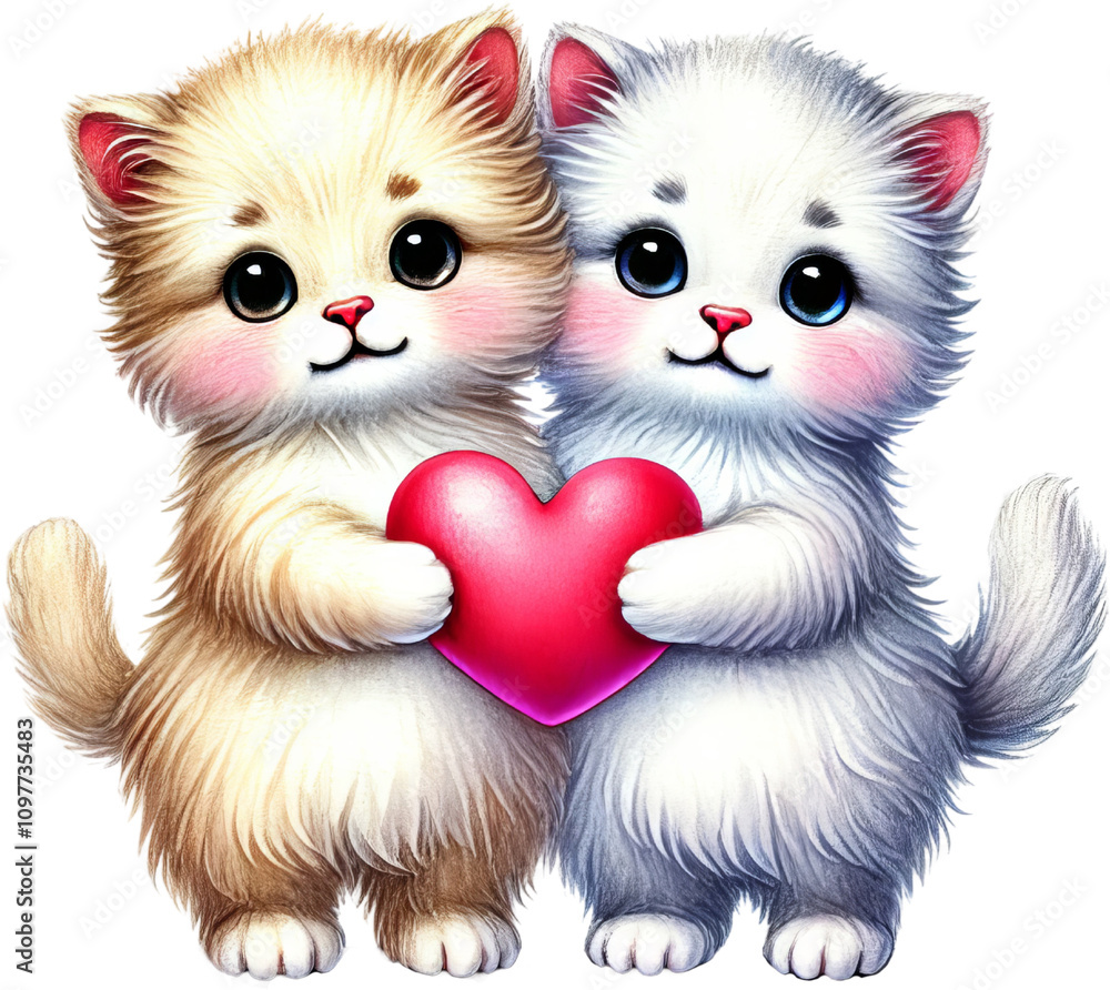 Obraz premium Two cute kittens holding a heart, symbolizing love and friendship.