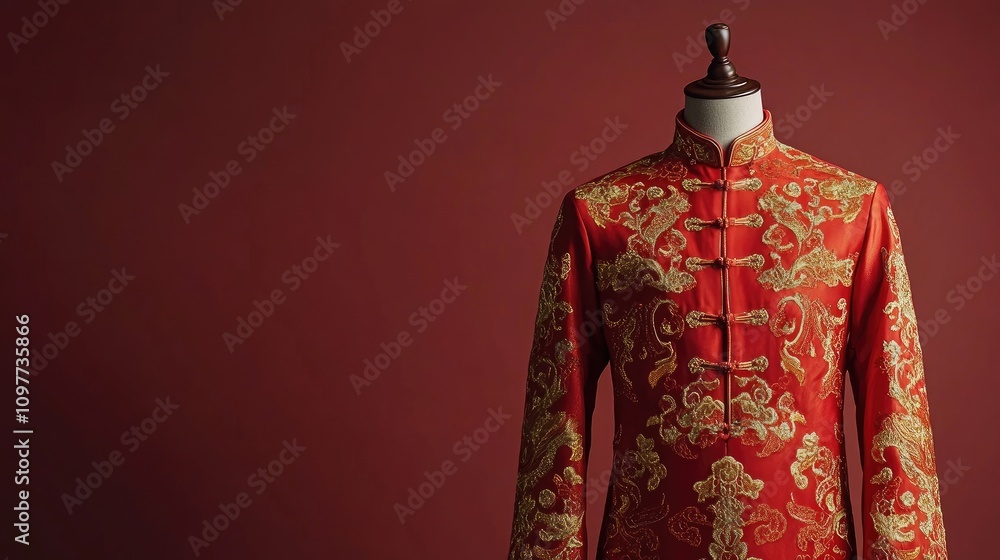 Traditional Chinese Red Dress with Gold Embroidery on Mannequin Against a Maroon Background, Representing Cultural Heritage and Fashion Elegance Traditional Chinese Red Dress with Gold Embroidery on Mannequin Against a Maroon Background, Representing Cultural Heritage and Fashion Elegance