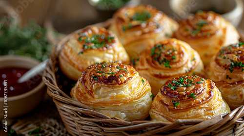 Wallpaper Mural Freshly Baked Pastry Rolls with Herbs and Sauces in Wicker Basket Torontodigital.ca
