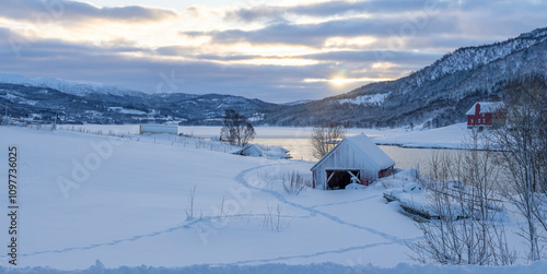 a lake in the snowy valley