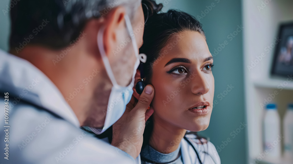 Doctor checking patient's ear during a medical examination. Doctor checking patient's ear during a medical examination.