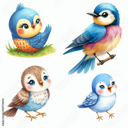 Cute cartoon birds with various colors and expressions on white background. AI