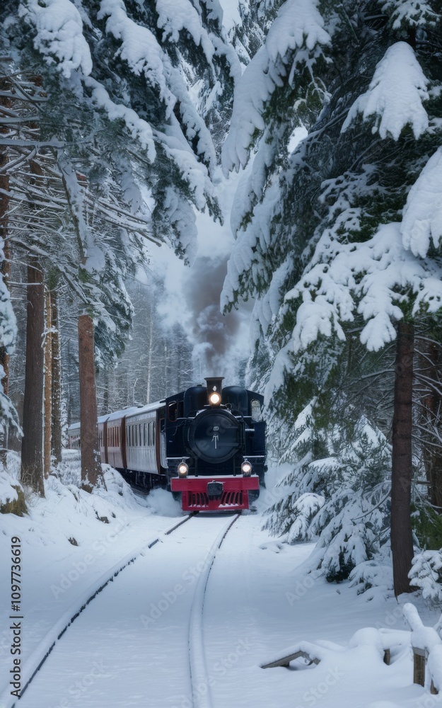 Steam Engine Train in a Snowy Forest with Festive Christmas Decorations Steam Engine Train in a Snowy Forest with Festive Christmas Decorations