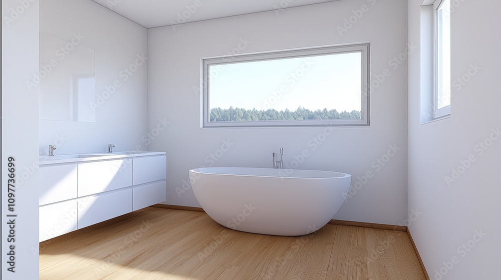 Modern Bathroom Design Freestanding Tub Double Vanity Window View Modern Bathroom Design Freestanding Tub Double Vanity Window View