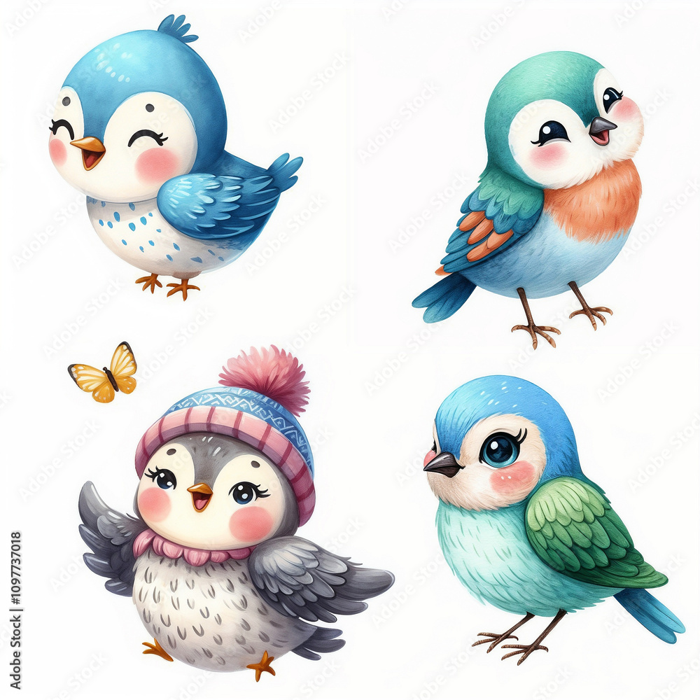 Cute cartoon birds with various colors and expressions on white background. AI Cute cartoon birds with various colors and expressions on white background. AI