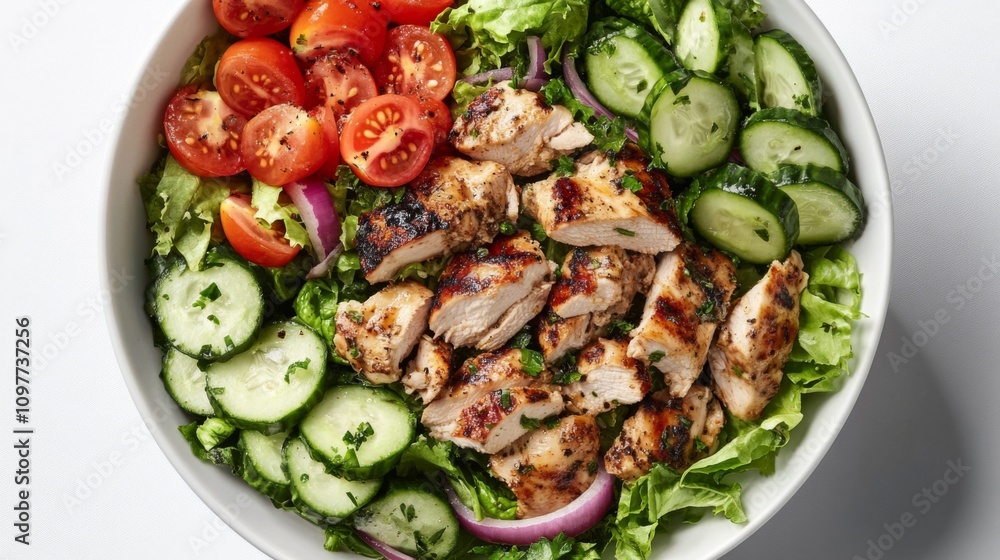 Top view of a nutritious meal: chicken avocado salad in a white bowl, isolated on a white background. Delicious and healthy. Top view of a nutritious meal: chicken avocado salad in a white bowl, isolated on a white background. Delicious and healthy.