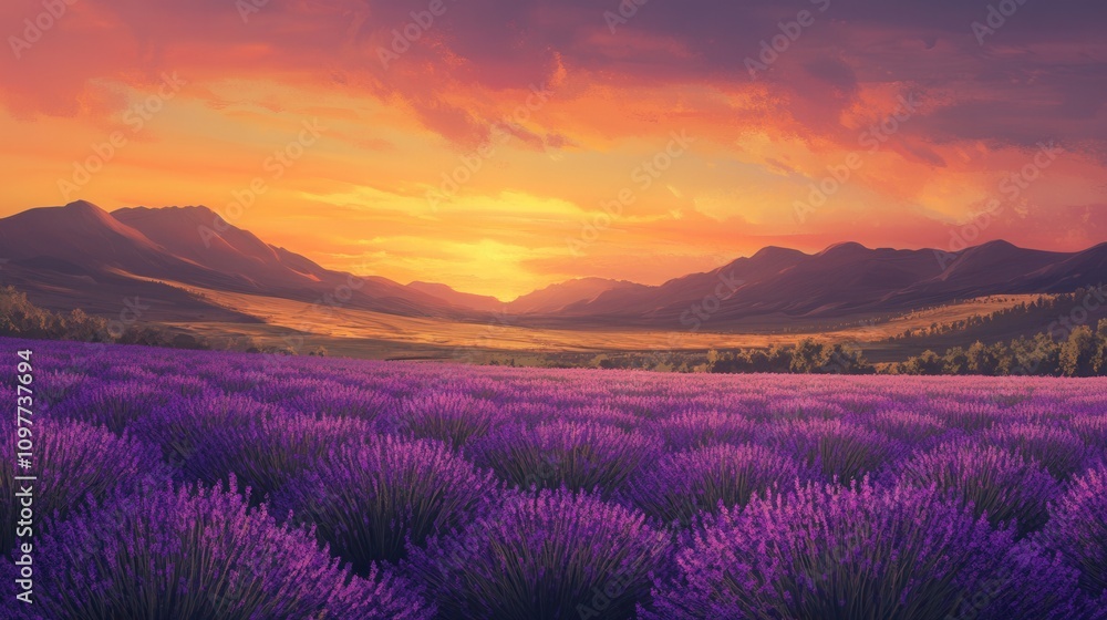 Stunning Sunset over Lavender Field and Mountains Stunning Sunset over Lavender Field and Mountains