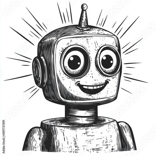 Retro Robot Character with Big Eyes and Round Head in Woodcut-Style Vector Illustration
