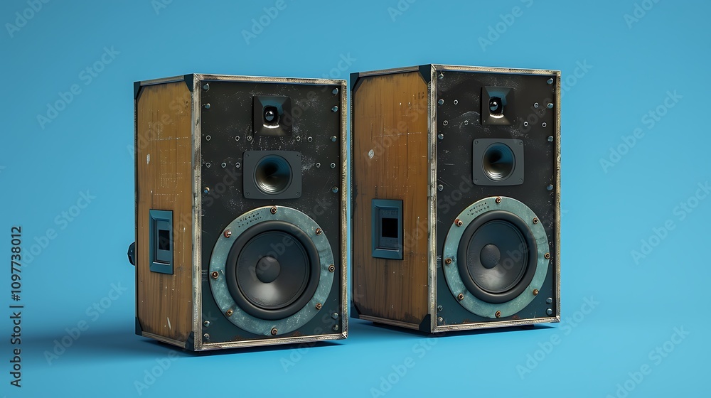 Naklejka premium Old industrial powerful stage sound speakers isolated over full blue background