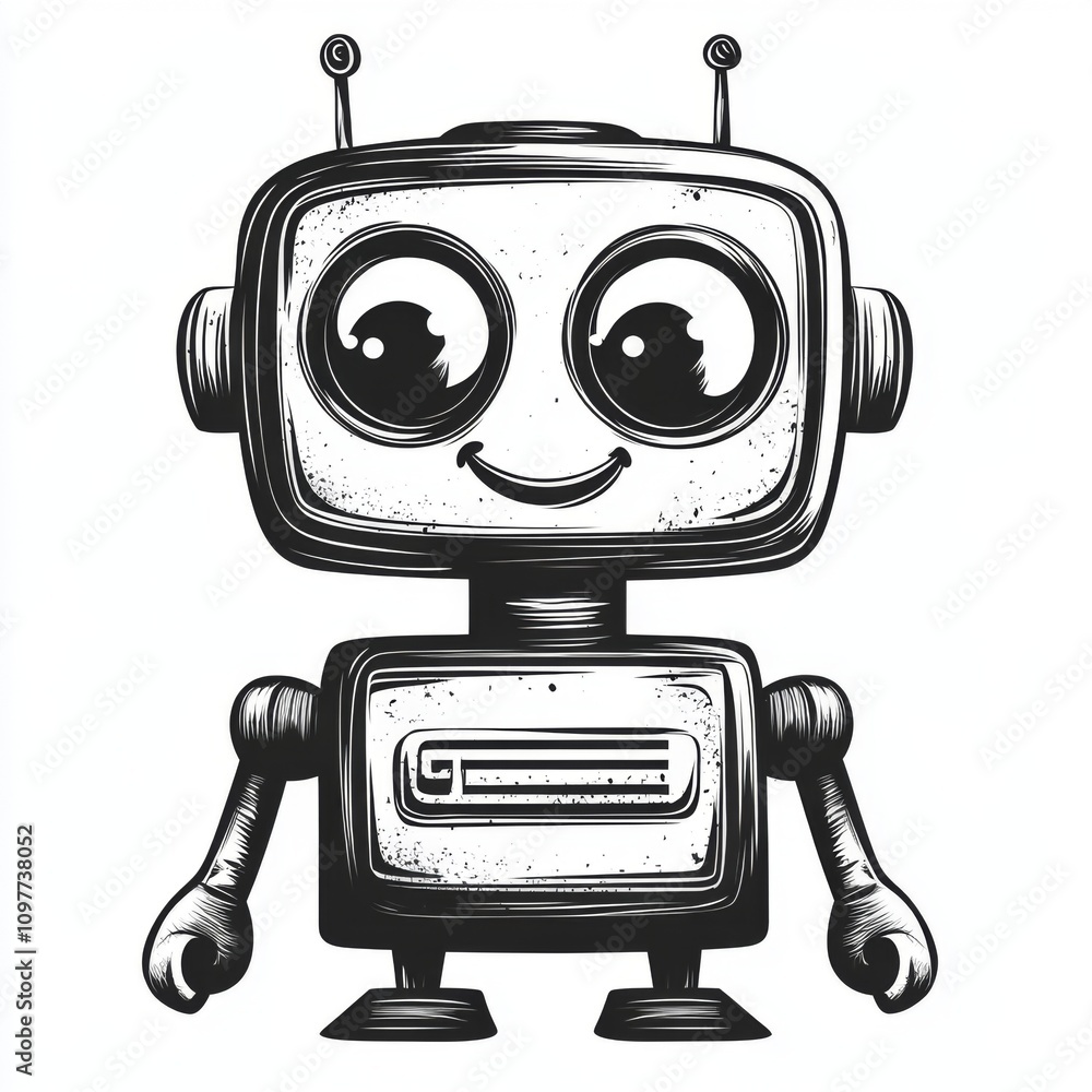 Naklejka premium Retro Robot Character with Smiling Face and Large Eyes for T-Shirt or Print