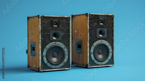 Old industrial powerful stage sound speakers isolated over full blue background photo