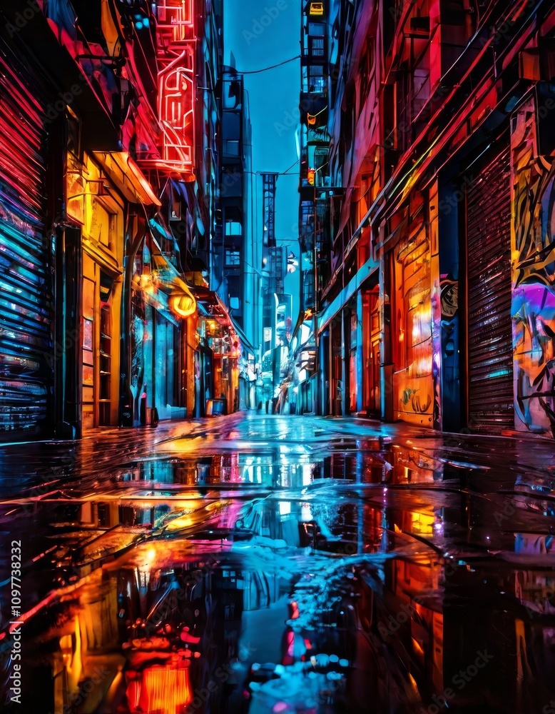 A vivid, urban alley scene bathed in bright neon lights reflecting off the wet pavement. The energetic and futuristic atmosphere highlights the vibrant colors and urban vibe of city nightlife.. AI A vivid, urban alley scene bathed in bright neon lights reflecting off the wet pavement. The energetic and futuristic atmosphere highlights the vibrant colors and urban vibe of city nightlife.. AI