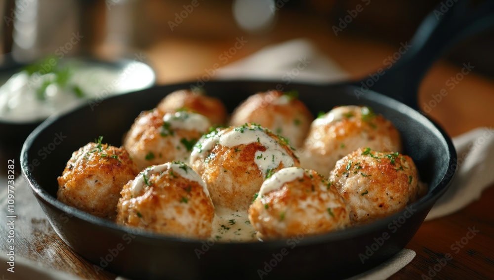 Delicious Chicken Meatballs in Iron Pan with Ranch Dressing on Wooden Table Delicious Chicken Meatballs in Iron Pan with Ranch Dressing on Wooden Table