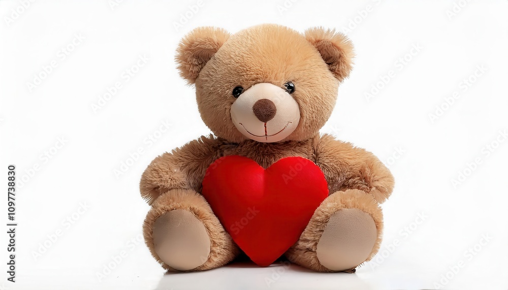 Obraz premium Adorable Teddy Bear Holding a Plush Red Heart. Perfect Valentine’s Day Gift Idea for Expressing Love, Affection, and Warmth; Ideal for Romantic Surprises or Heartfelt Decorations