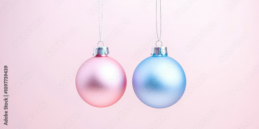 Fototapeta premium Two Christmas ornaments hanging from a string, one pink and one blue