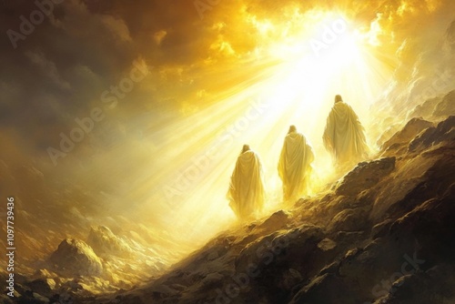 Transfiguration of Jesus with Moses and Elijah shining brightly on a picturesque mountain in artistic interpretation