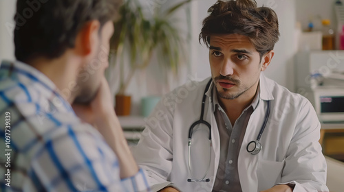 A doctor explaining a diagnosis to his male patient, exemplifying the doctor-patient relationship. photo