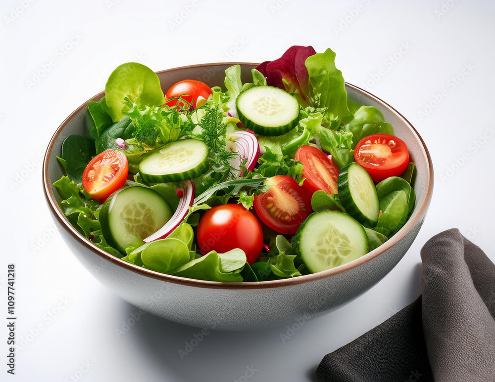A fresh green salad in a bowl, featuring vibrant tomatoes, crisp cucumbers, and leafy lettuce, ai. A fresh green salad in a bowl, featuring vibrant tomatoes, crisp cucumbers, and leafy lettuce, ai.