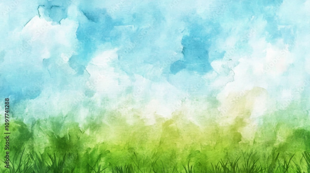 Fototapeta premium Abstract Watercolor Illustration of Blurred Grassy Horizon with Blue Sky and Green Meadow, Summer Background Texture.