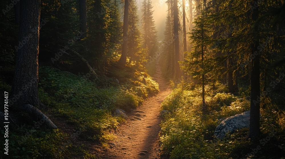 Obraz premium Sunlit Forest Path A Morning Hike Through Pines