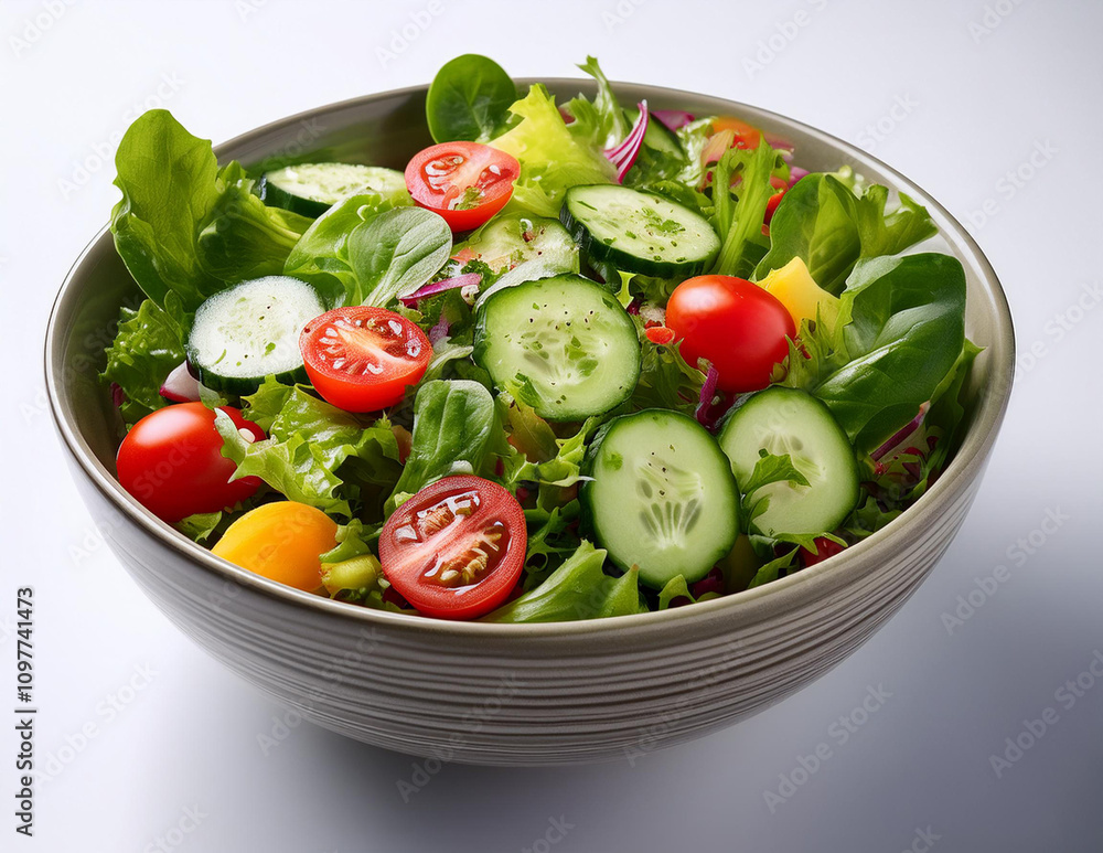 A fresh green salad in a bowl, featuring vibrant tomatoes, crisp cucumbers, and leafy lettuce, ai. A fresh green salad in a bowl, featuring vibrant tomatoes, crisp cucumbers, and leafy lettuce, ai.