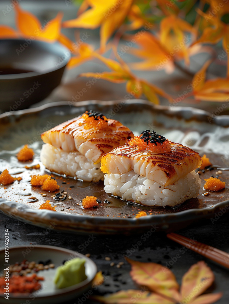 Seared salmon sushi Aburi Nigiri, Japanese cuisine with detailed setting, close up Seared salmon sushi Aburi Nigiri, Japanese cuisine with detailed setting, close up