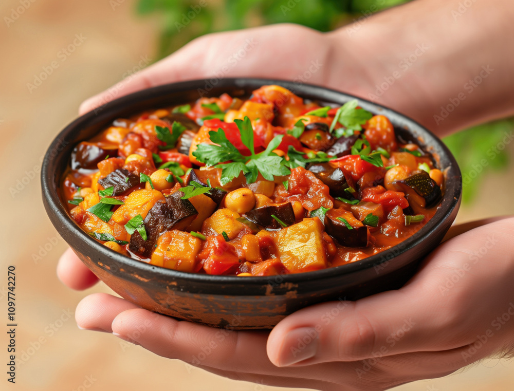 Rustic Pisto with Fresh Zucchini and Eggplant, Spanish Vegetable Stew Close Up Rustic Pisto with Fresh Zucchini and Eggplant, Spanish Vegetable Stew Close Up