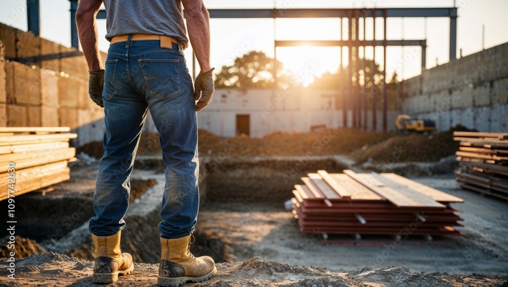 Fototapeta premium Construction worker overlooking building site at sunset in rural area