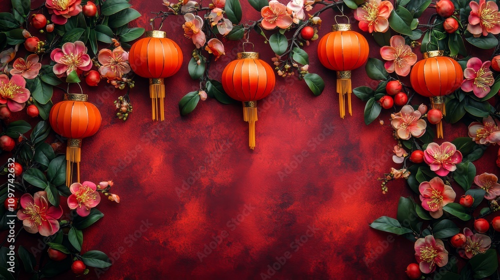 Fototapeta premium Red lanterns and red flowers create a vibrant scene, ideal for Chinese New Year, festive events, or cultural themed designs