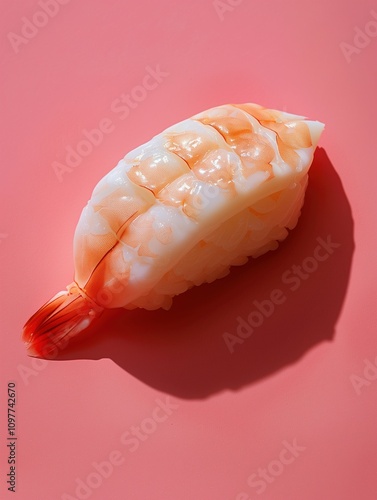 Hokkigai Nigiri, surf clam sushi on rice, isolated on bold solid background, minimalistic composition photo