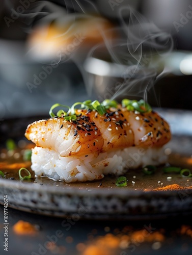 Hokkigai Nigiri, surf clam sushi on rice, traditional Japanese sushi on ceramic plate, close up photo with dark background photo