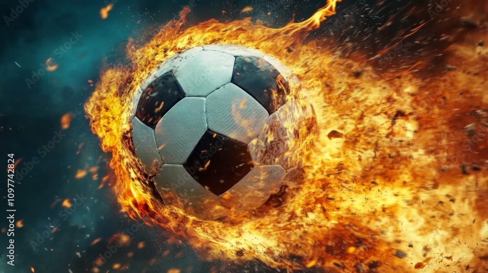 Naklejka premium Flaming soccer ball in mid-air: dynamic sports action illustration for Adobe Stock.