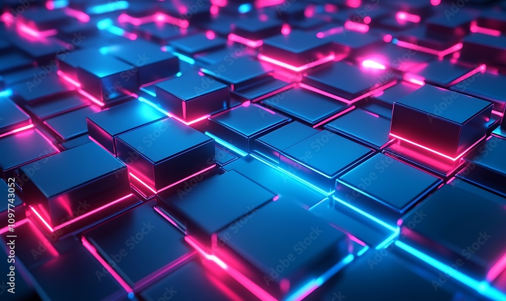 A vibrant, futuristic grid of glowing cubes in blue and pink hues, suggesting digital themes. A vibrant, futuristic grid of glowing cubes in blue and pink hues, suggesting digital themes.