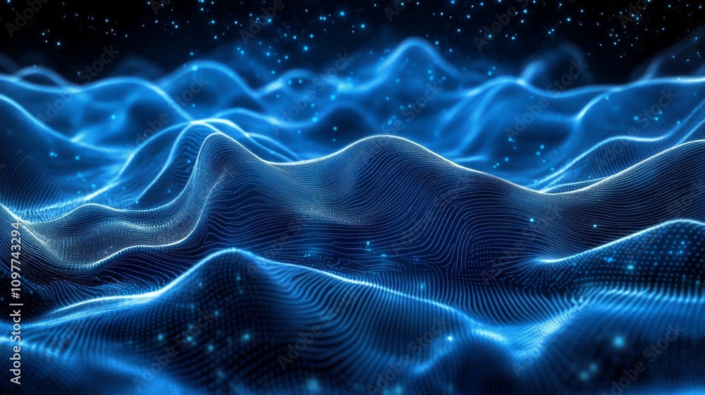 Fototapeta premium Futuristic abstract blue technology background with digital waves, neural network, cyber computing, and artificial particles.