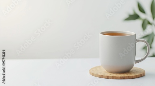 A white coffee cup sits on a wooden coaster on a white table