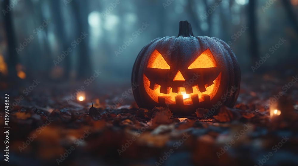 a close up of a pumpkin with a lit face in the woods a close up of a pumpkin with a lit face in the woods