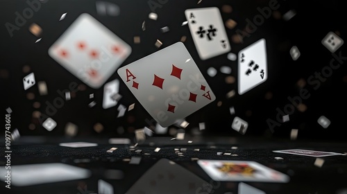 Flying playing cards create an exciting atmosphere, showcasing the Ace of Diamonds among others against a dark backdrop. photo