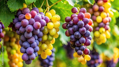 Wallpaper Mural Close-up of Lush Purple and Yellow Grapes on Vine - Perfect Composition Using Rule of Thirds, Fresh Grapes, Vineyard, Nature, Organic Farming, Grape Harvest, Fruit Close-up, Juicy Grapes, Agriculture Torontodigital.ca