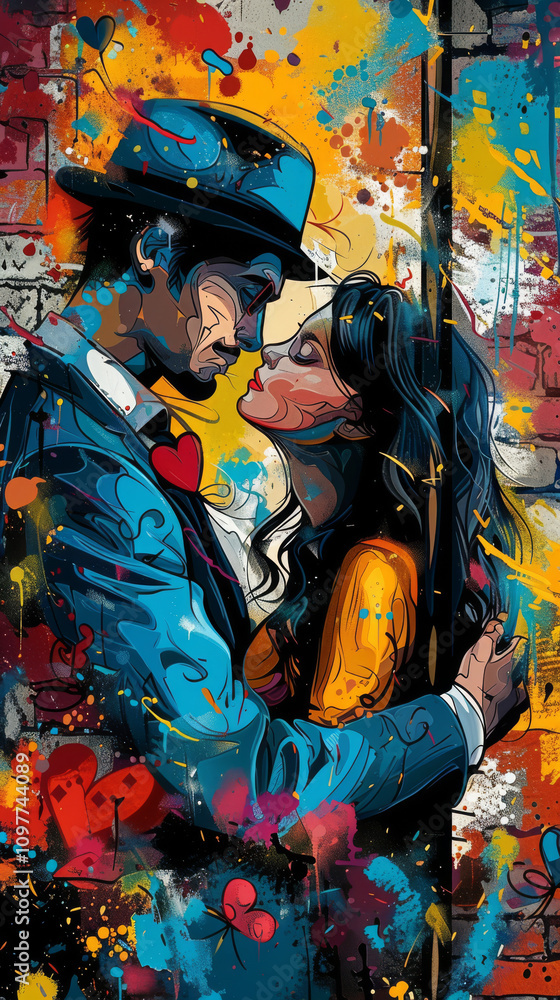 Abstract street art of a couple in love, vibrant colors, romantic urban scene, modern graffiti style, bold artistic expression, and passionate connection
Abstract street art of a couple in love, vibrant colors, romantic urban scene, modern graffiti style, bold artistic expression, and passionate connection