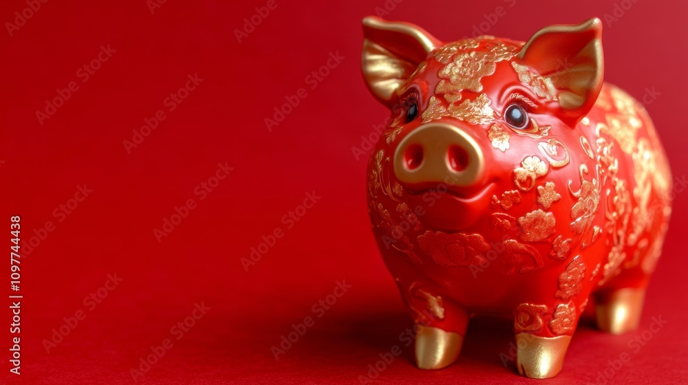 Obraz premium golden pig, solid red background, copy space