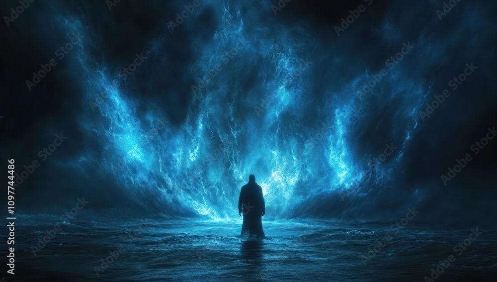 A lone figure stands before a blue ethereal storm A lone figure stands before a blue ethereal storm