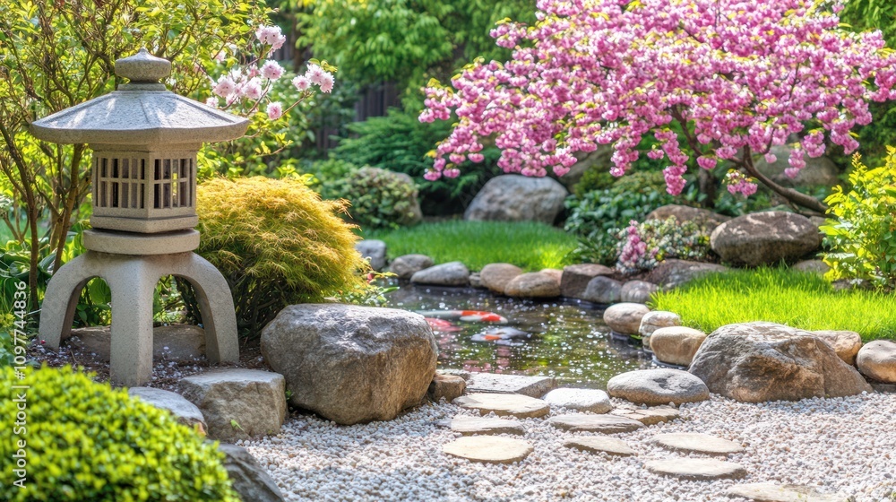 Serene Garden Koi Pond With Stone Lantern And Blossoms Serene Garden Koi Pond With Stone Lantern And Blossoms