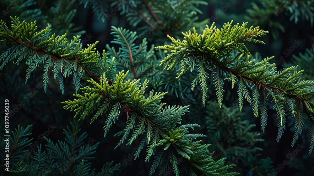 Close up of lush green pine tree branches. Concept of nature, forest, and freshness. Close up of lush green pine tree branches. Concept of nature, forest, and freshness.