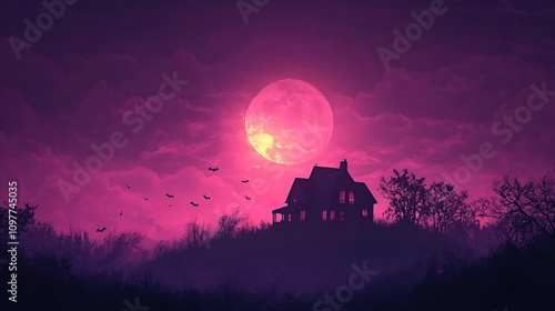 arafed house in the middle of a field with a full moon in the background photo