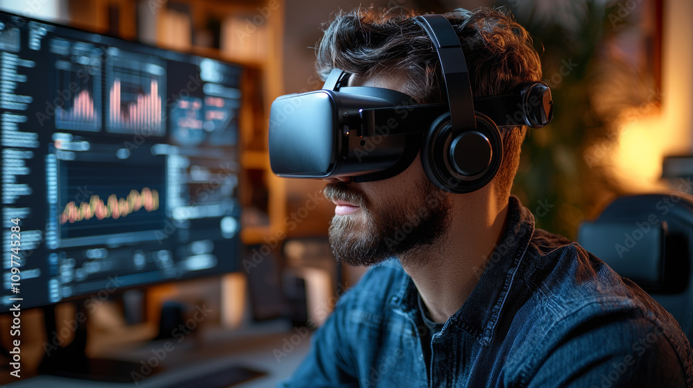 Immersive virtual reality experience with man using VR headset, surrounded by data analytics on screen. Engaging in fintech startup environment Immersive virtual reality experience with man using VR headset, surrounded by data analytics on screen. Engaging in fintech startup environment