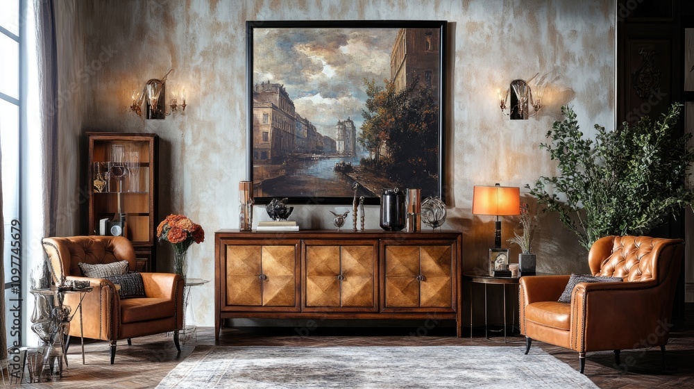 Fototapeta premium A luxurious living room features two brown leather armchairs flanking a wooden sideboard, all set against a textured wall adorned with a large landscape painting and wall sconces. 