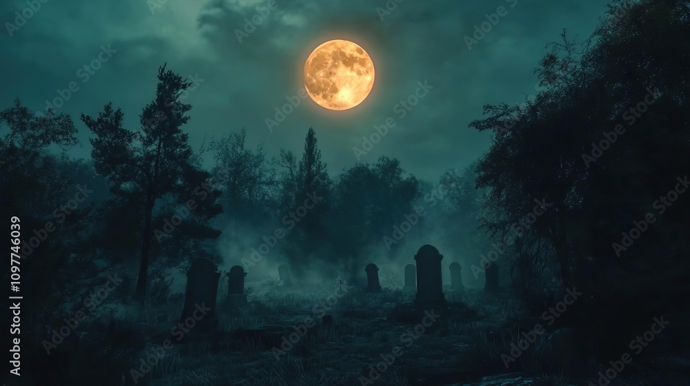 Fototapeta premium arafed view of a cemetery with a full moon in the background