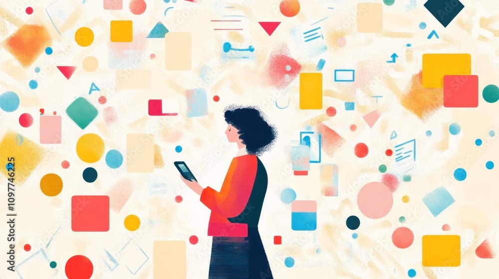 Woman Amidst a Whirlwind of Colorful Shapes and Ideas Woman Amidst a Whirlwind of Colorful Shapes and Ideas
